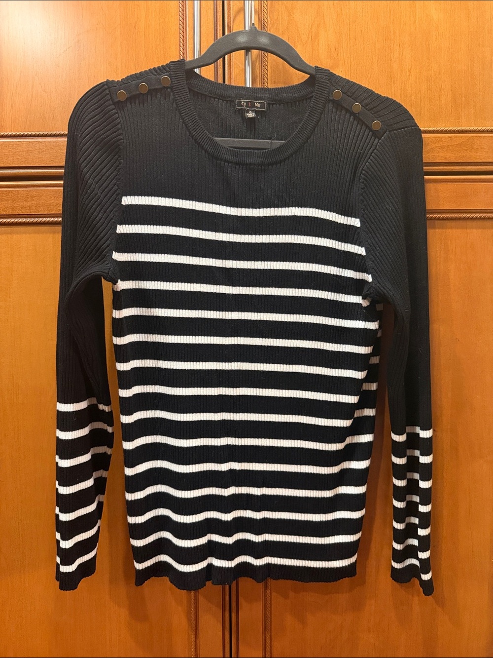 Striped Crew Neck Sweater with Shoulder Button Detail - Black & White